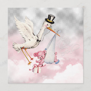 Invitation Douche rose de bébé de cigogne