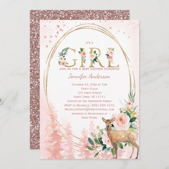 Invitation Douche rose de bébé de région boisée (Devant / Derrière)