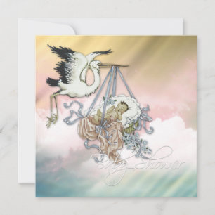 Invitation Douche rose élégante de bébé de cigogne