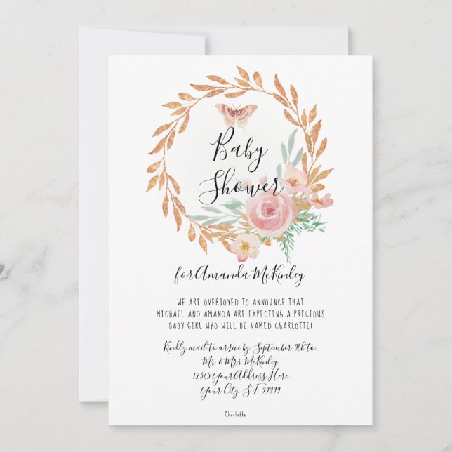 Invitation Douche Rose Gold Florale Aquarelle Moderne par Cor (Devant)