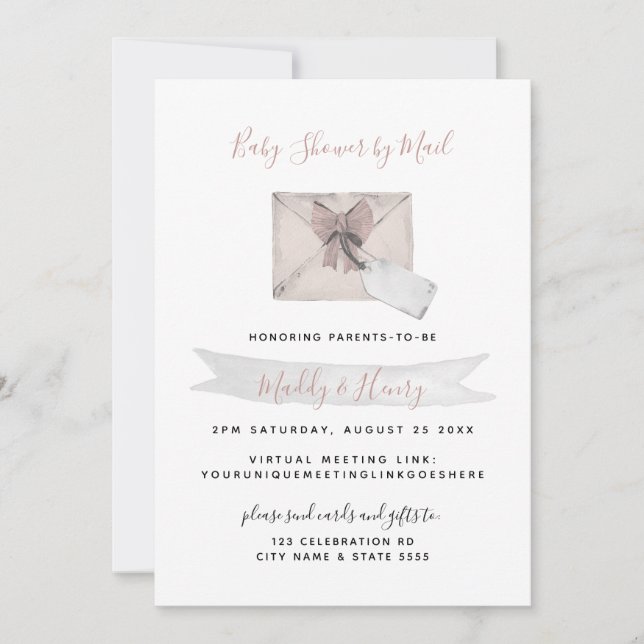 Invitation Douche rose par courrier distance virtuelle (Devant)