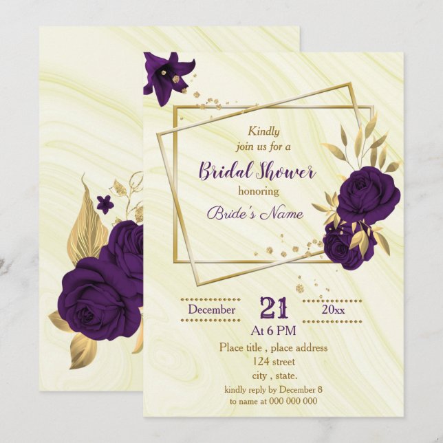Invitation douche royale violette dorée (Devant / Derrière)