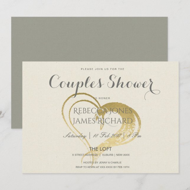 INVITATION DOUCHE SIMPLE GOLD HEART TYPOGRAPHY COUPLES DOUCHE (Devant / Derrière)