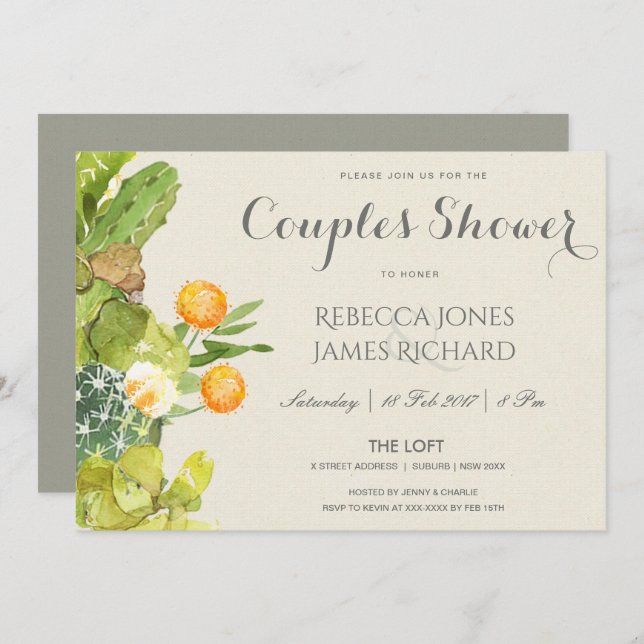 INVITATION DOUCHE SUCCULENTE CACTUS JARDIN FLORAL COUPLES (Devant / Derrière)