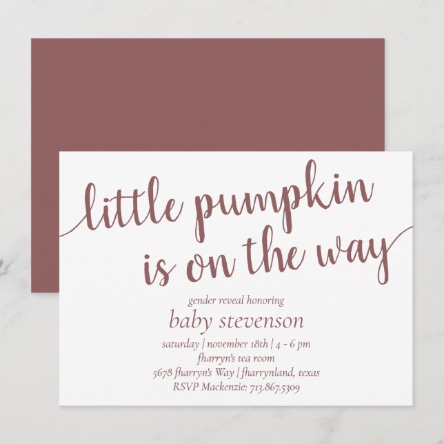 Invitation Douche Taupe Simple | Petit Citrouille Rose du dés (Devant / Derrière)