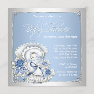 Invitation Douche vintage argentée et bleue de bébé