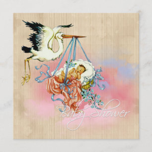 Invitation Douche Vintage pour bébé cigogne