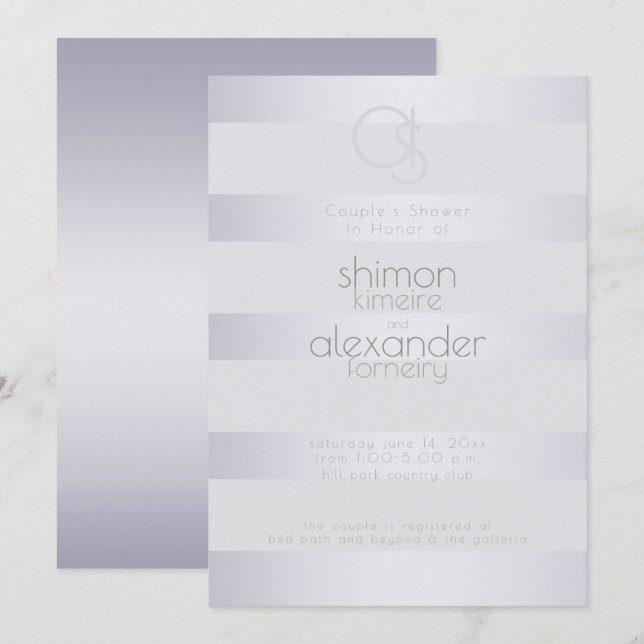 Invitation Douche | Violet Argent Stripes Monogramme (Devant / Derrière)