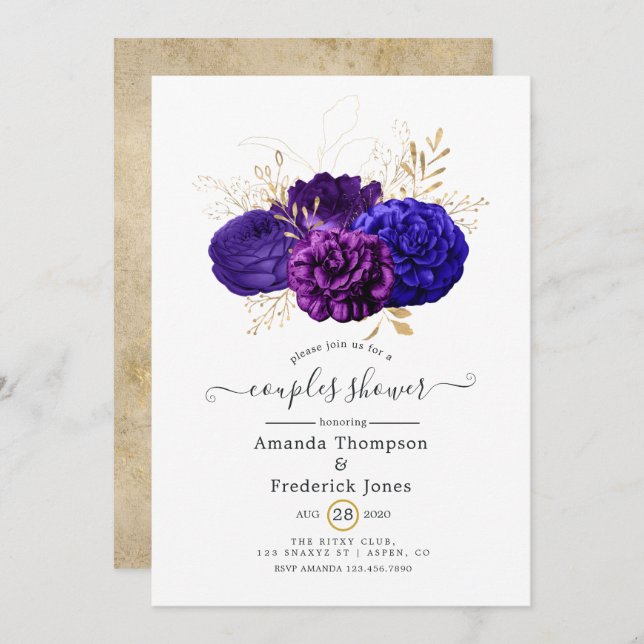 Invitation Douche violette, Royal Blue & Gold Floral Couples (Devant / Derrière)