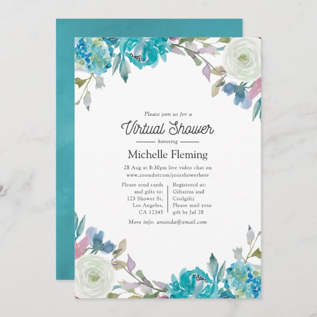 Invitation Douche virtuelle Dusty Blue et Turquoise Floral (Devant / Derrière)