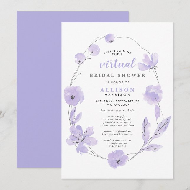 Invitation Douche virtuelle nuptiale | Aquarelle florale de l (Devant / Derrière)