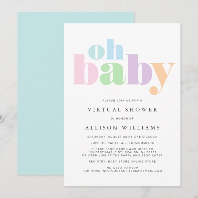 Invitation Douche virtuelle Oh Baby Pastel Typographie modern (Devant / Derrière)