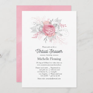 Invitation Douche virtuelle rose, argent et blanc Floral