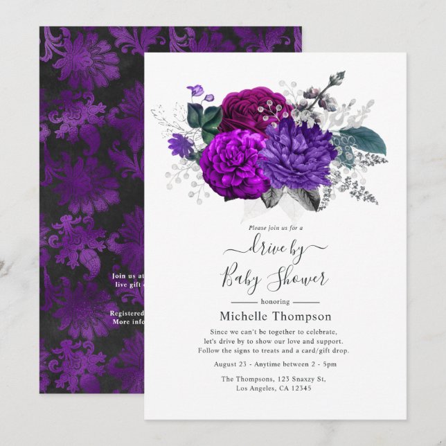 Invitation Douchez Drive By Fleur Royale Violet et Argent (Devant / Derrière)