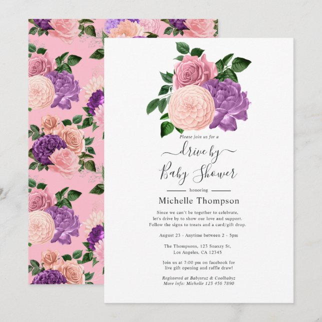 Invitation Douchez en passant Rose pêche et Lavande Violet (Devant / Derrière)