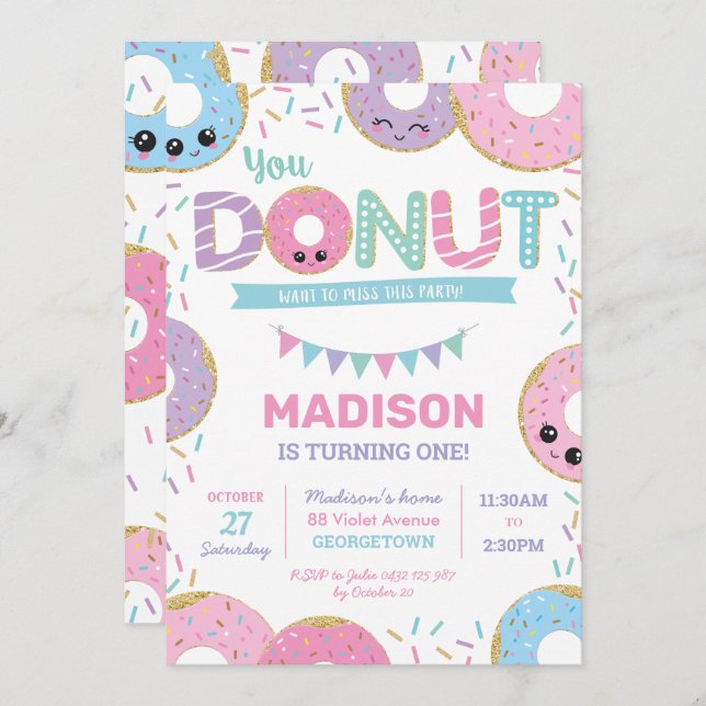 Invitation Doughnut mignonne arroses fête d'anniversaire (Devant / Derrière)