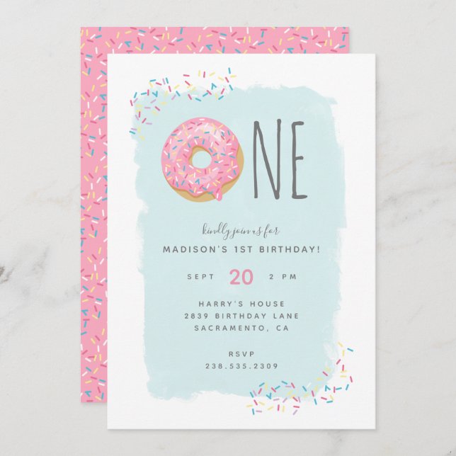 Invitation Doughnut rose pâle Parsemée 1er anniversaire (Devant / Derrière)