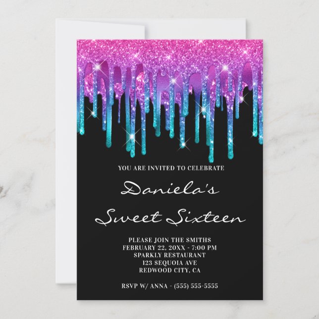 Invitation Douille noire brillante rose Turquoise brillante 1 (Devant)