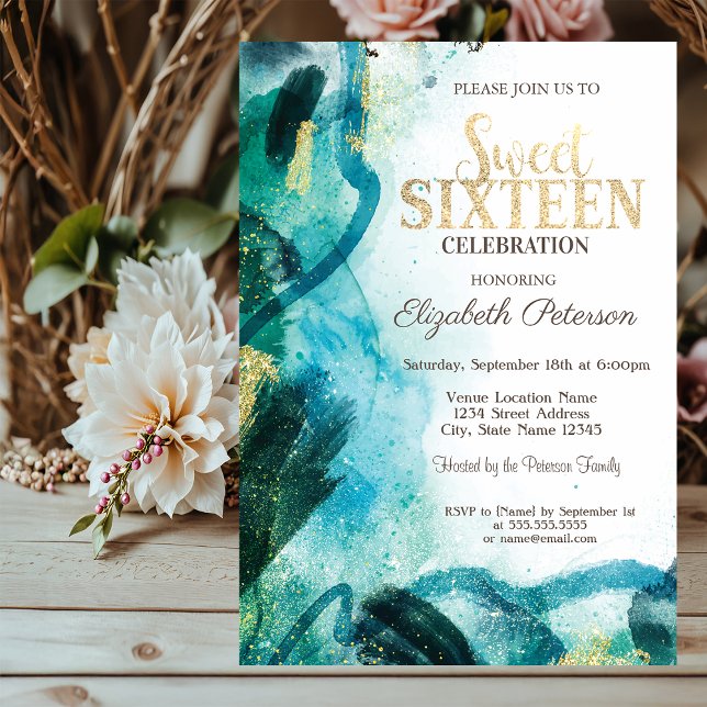Invitation Douleur Abstraite Éclaboussure Dorée  Sweet 16  (Créateur téléchargé)