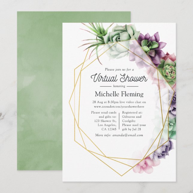 Invitation Douleurs d'aquarelle Fête virtuelle de bébé géomét (Devant / Derrière)