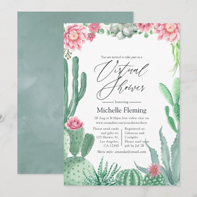 Invitation Douleurs d'aquarelle Succulents Virtuelles (Devant / Derrière)