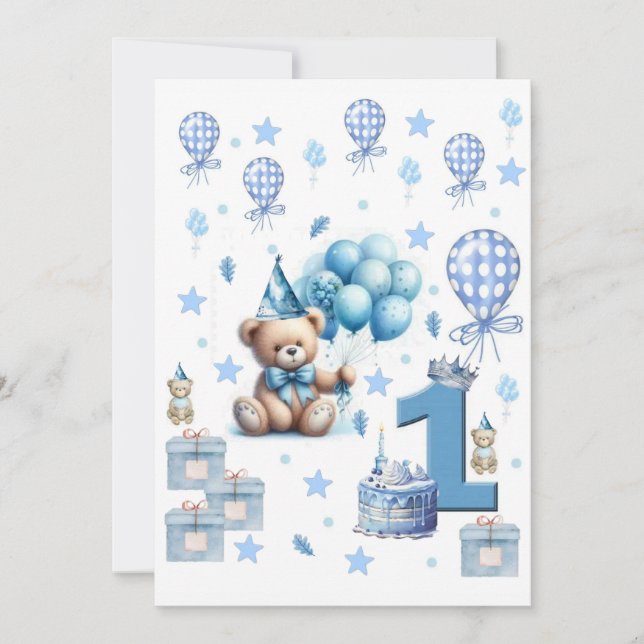 Invitation d'ours en peluche bleu pour garçon pour (Devant)