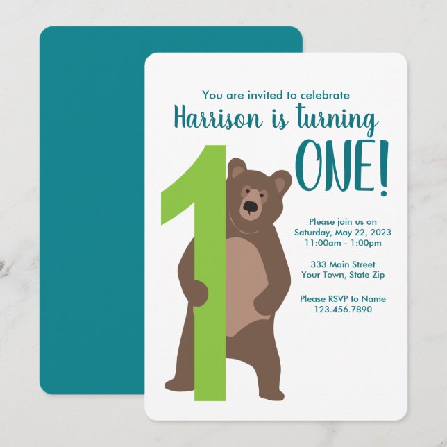 Invitation d'ours moderne personnalisée 1er annive (Devant / Derrière)