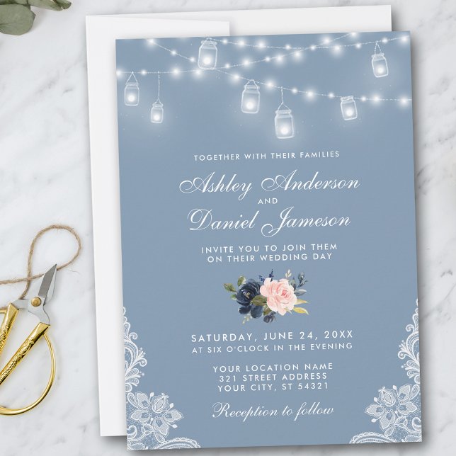 Invitation Douteux bleu rose floral Mariage lumières (Customize to add more text or photos to back of card.)