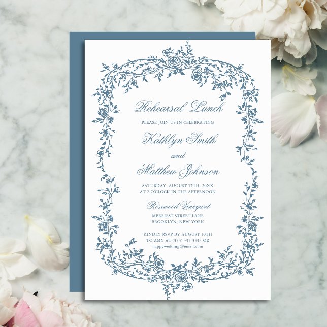 Invitation Douteux Bleu Vintage Floral Script Déjeuner de rép (Créateur téléchargé)