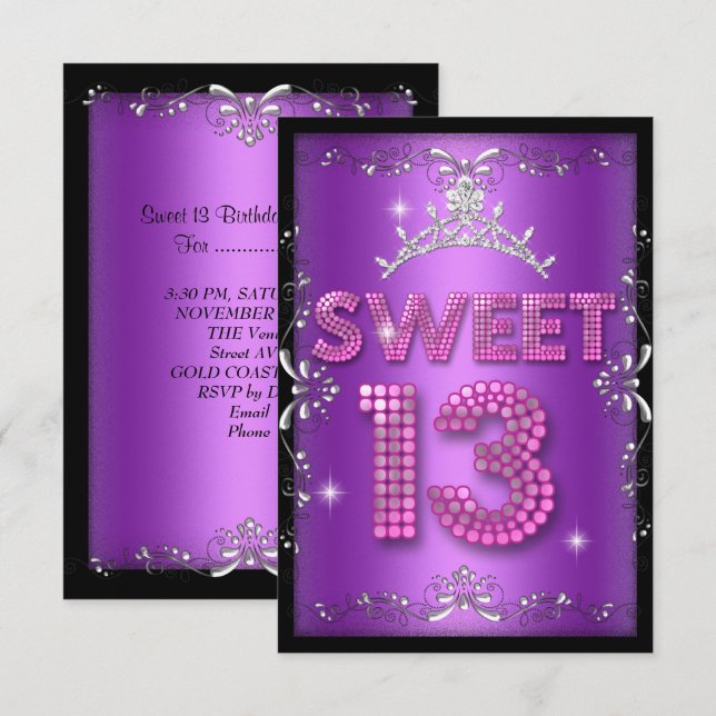 Invitation Doux 13 13e Anniversaire Rose Violet Noir (Devant / Derrière)
