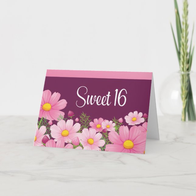 Invitation Doux 16 Anniversaire Avec Marguerites Roses (Devant)