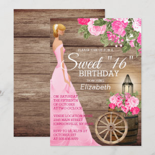 Invitation Doux 16 Anniversaire - Baril de bois et fleurs ros