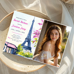Invitation Doux 16 Aquarelle d'anniversaire Floral Eiffel Pho