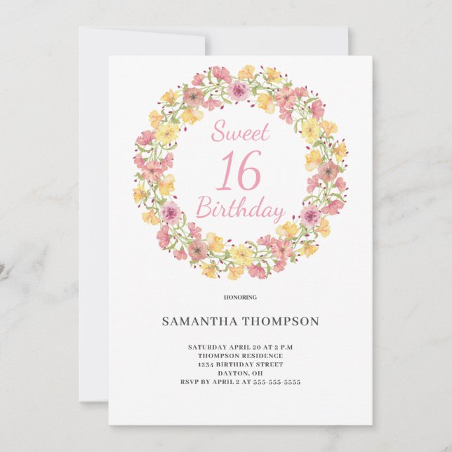 Invitation Doux 16 Aquarelle rose Floral Anniversaire (Devant)