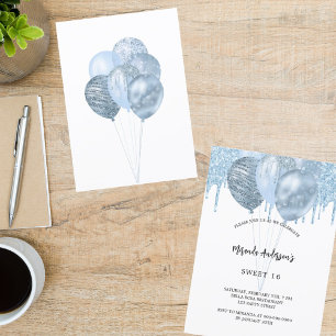 Invitation Doux 16 ballons bleu blanc gouttes de parties scin