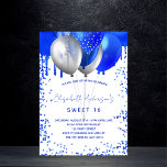 Invitation Doux 16 ballons bleu royal blanc gouttes de partie<br><div class="desc">Un arrière - plan blanc. Décoré avec la fausse parties scintillant bleue royale gouttes de peinture goutte à goutte,  scintille. Ballons Royal bleu et faux argent. Personnalisez et ajoutez un nom et des détails du parti. Le nom est écrit avec un script de style écrit à la main.</div>