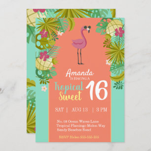 Invitation Doux 16 Flamant rose d'anniversaire Luau Palm Tree