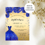Invitation Doux 16 fleurs de parties scintillant en or bleu r<br><div class="desc">Une invitation moderne, élégante et glamour pour une fête Sweet 16, 16e anniversaire. Un faux arrière - plan d'or avec des étincelles de faux bleu et une robe bleue royale et des roses, des fleurs. Le nom est écrit avec un script de style moderne écrit à la main. Personnalisez et...</div>