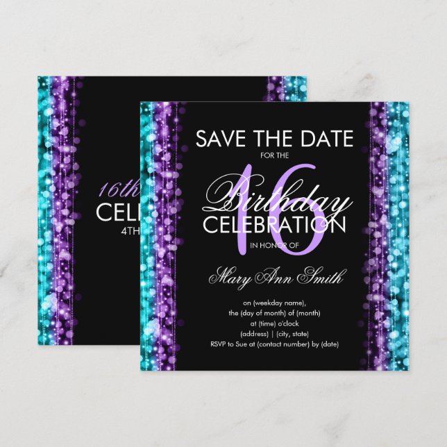 Invitation Doux 16 Parties Sauvegardez La Date Éclatez Violet (Devant / Derrière)
