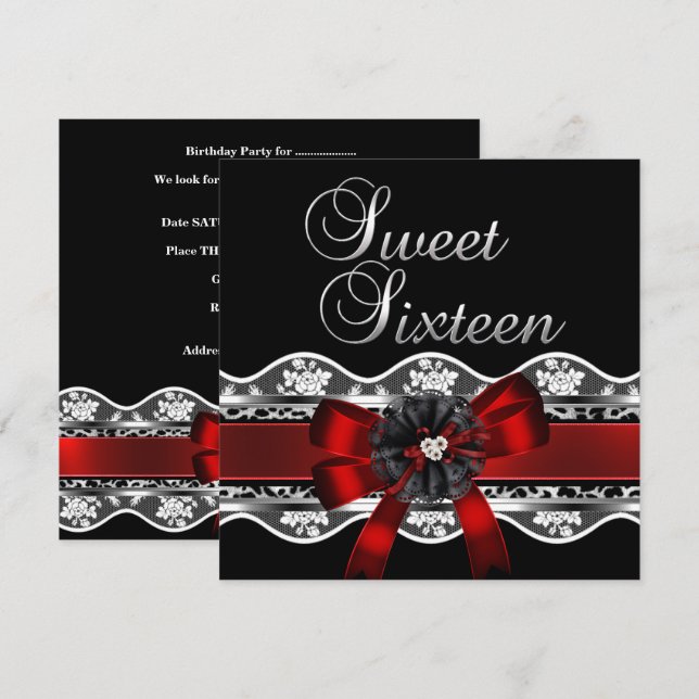 Invitation Doux 16 Rouge Dentelle Argent Noir Léopard Anniver (Devant / Derrière)