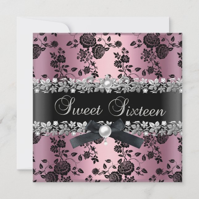 Invitation Doux 16 Seize Damas Rose Noir Argent Floral (Devant)