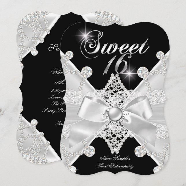 Invitation Doux 16 Seize Noir Argent Diamant Anniversaire (Devant / Derrière)