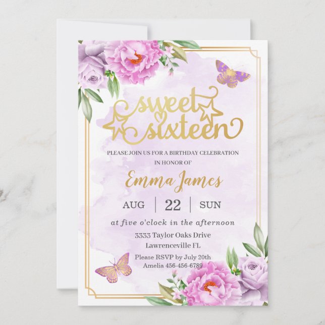 Invitation Doux 16 Seize Papillons Floraux Lilac Violet (Devant)