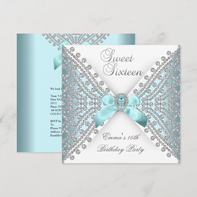 Invitation Doux 16 Seize Turquoise Bleu Argent Blanc Diamant (Devant / Derrière)