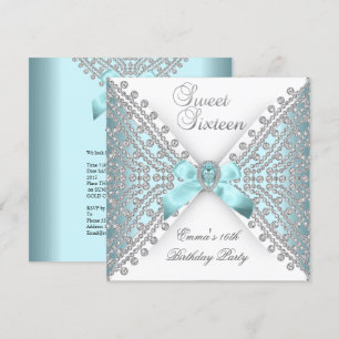 Invitation Doux 16 Seize Turquoise bleu argenté blanc diamant