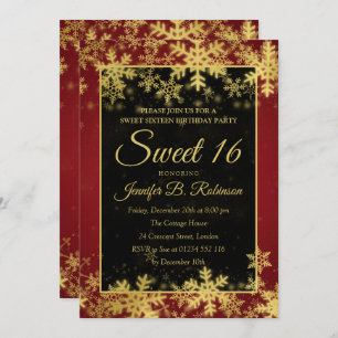 Invitation Doux 16 Snowflakes Red & Gold Birthday