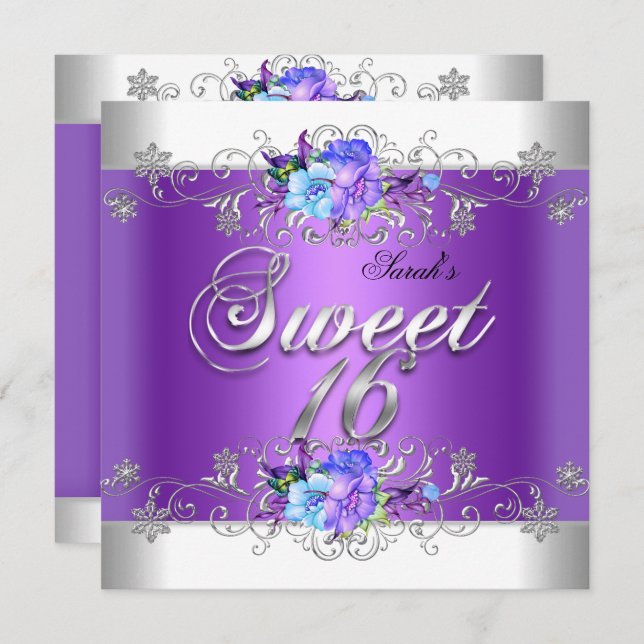 Invitation Doux 16 Sweets sixteens Fleurs violettes blanches (Devant / Derrière)