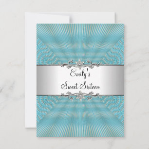 Invitation Doux 16 Tissu Bleu avec Anniversaire Métal Argenté