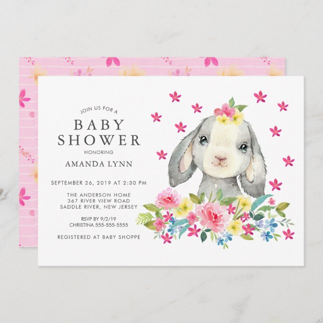 Invitation Doux Aquarelle Floral Bunny Baby Girl Douche (Devant / Derrière)