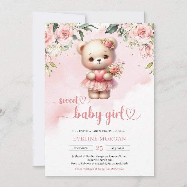 Invitation Doux bébé fille aquarelle teddy ours floral rousse (Devant)